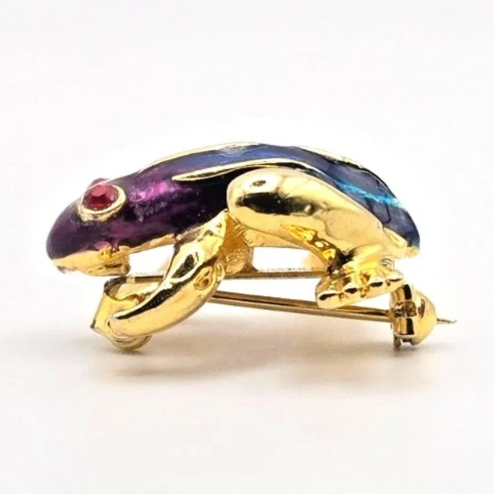 Small Gold Tone Blue and Purple Enamal Frog Brooch‎ / Pin Red Rhinestone Eyes